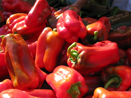 Ripe bell peppers at the market